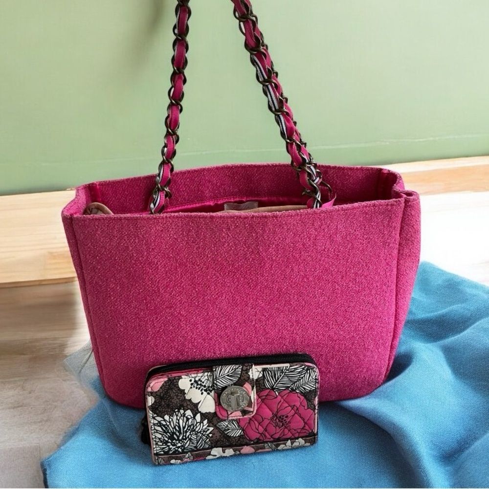 Goldie Pink Wool Blend Tote Bag w/ Vera Bradley Floral Wallet